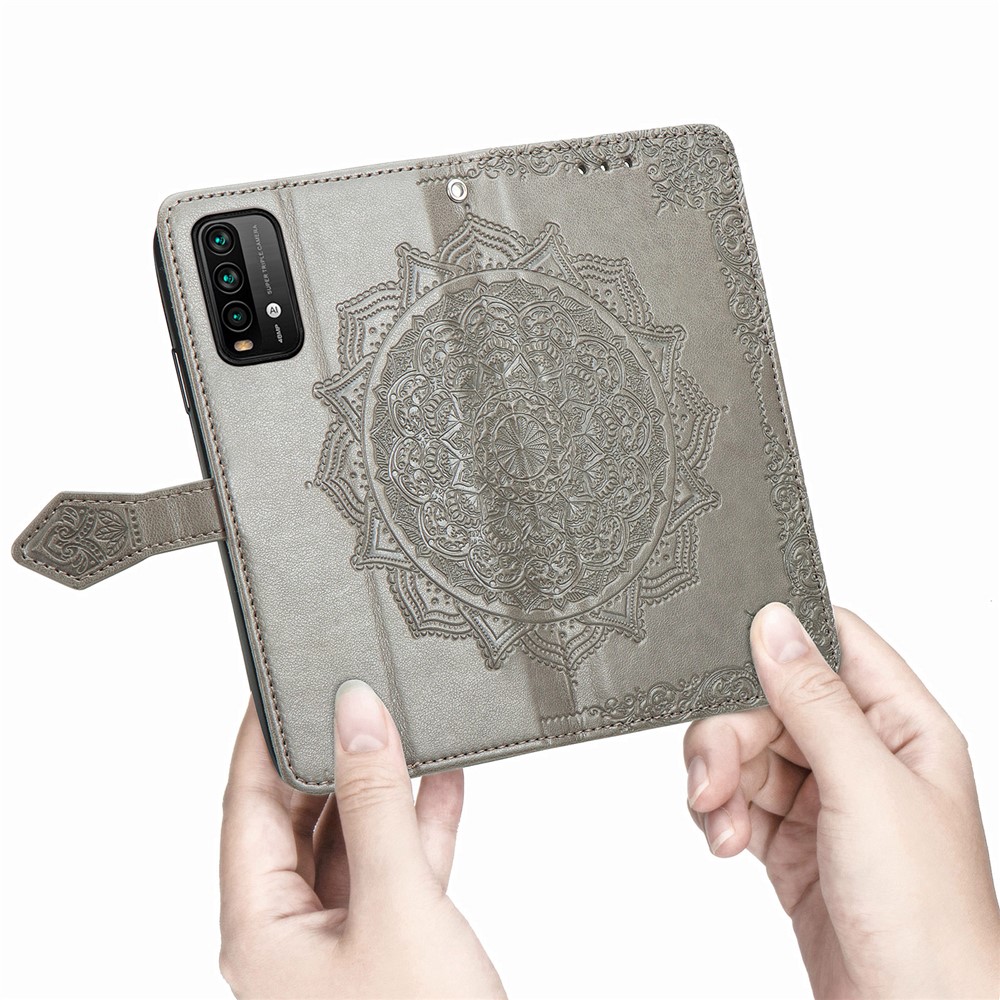 Mandala Flower Imprinting PU Leather Case with Wallet Stand Design for Xiaomi Redmi 9T/9 Power/Note 9 4G (Qualcomm Snapdragon 662) - Grey-4