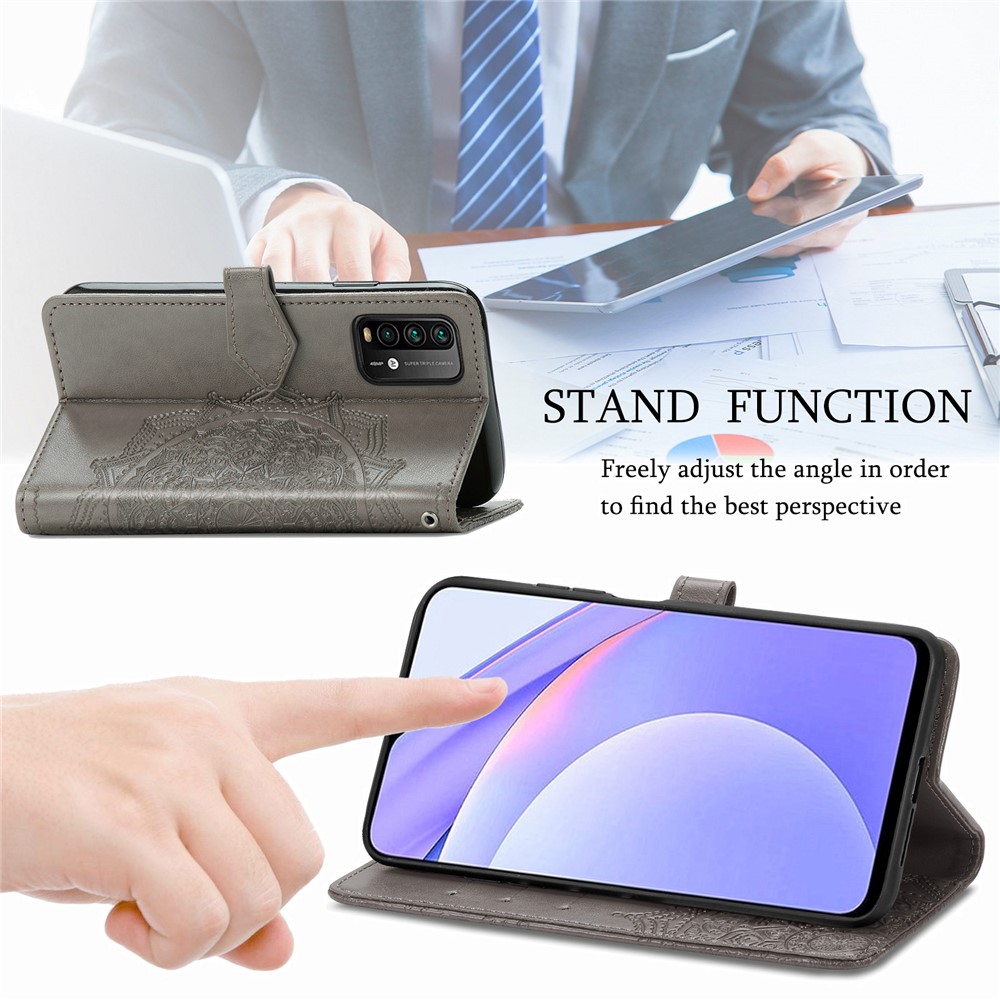 Mandala Flower Imprinting PU Leather Case with Wallet Stand Design for Xiaomi Redmi 9T/9 Power/Note 9 4G (Qualcomm Snapdragon 662) - Grey-5