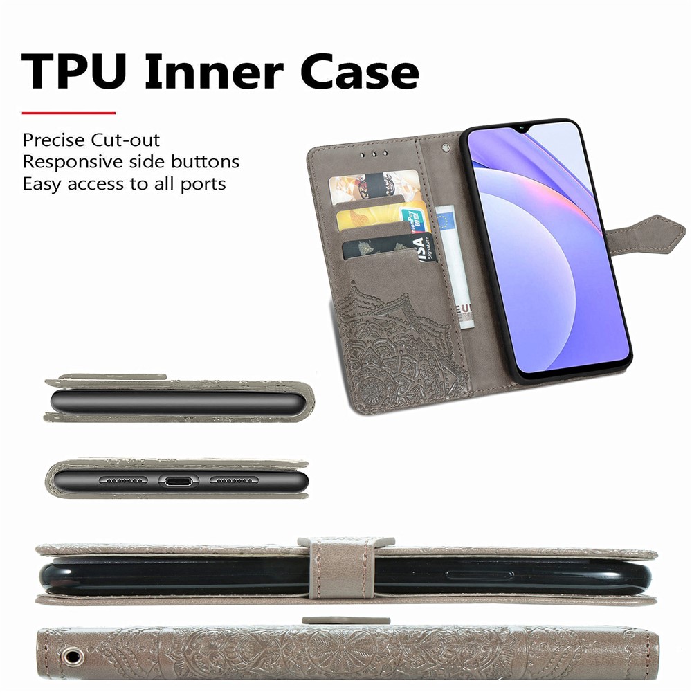 Mandala Flower Imprinting PU Leather Case with Wallet Stand Design for Xiaomi Redmi 9T/9 Power/Note 9 4G (Qualcomm Snapdragon 662) - Grey-6