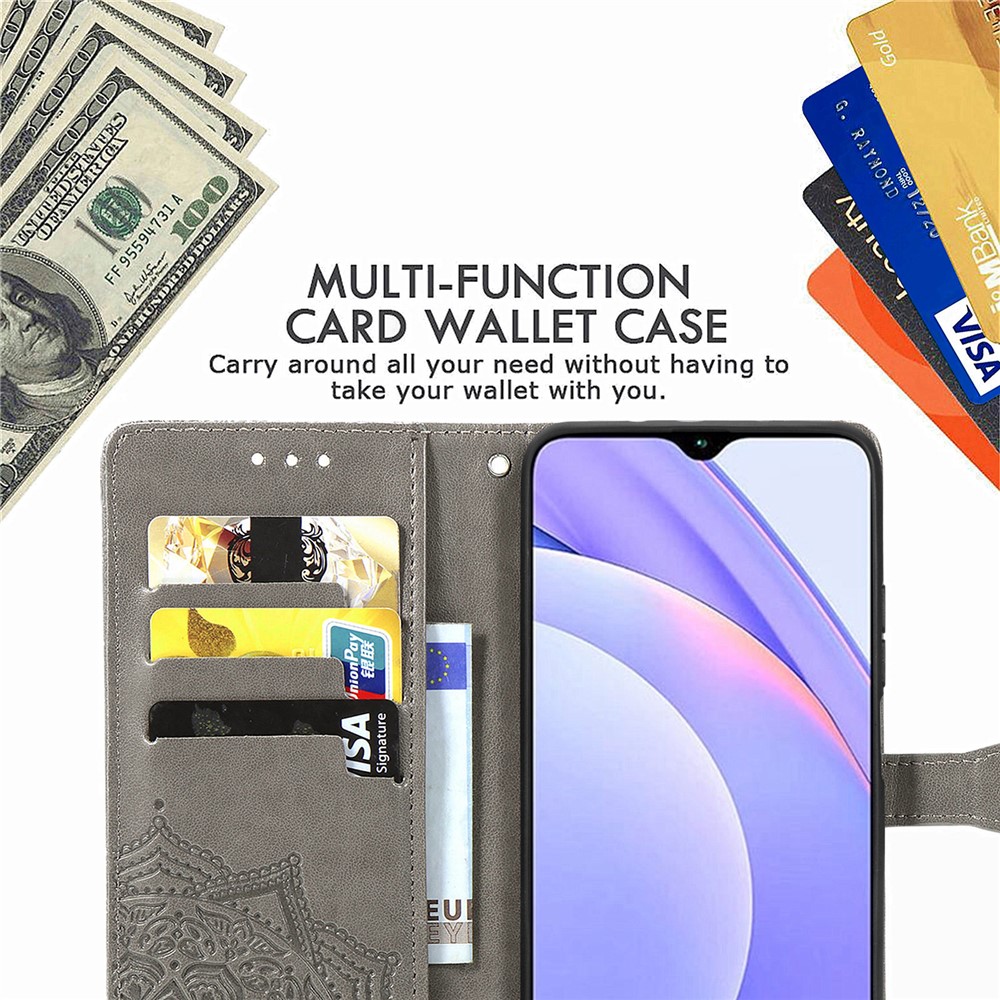 Mandala Flower Imprinting PU Leather Case with Wallet Stand Design for Xiaomi Redmi 9T/9 Power/Note 9 4G (Qualcomm Snapdragon 662) - Grey-9