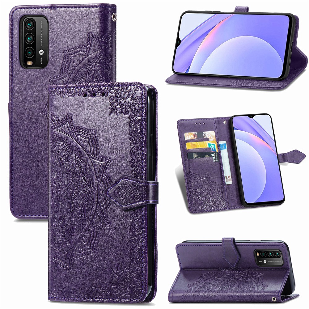 Mandala Flower Imprinting PU Leather Case with Wallet Stand Design for Xiaomi Redmi 9T/9 Power/Note 9 4G (Qualcomm Snapdragon 662) - Purple-11