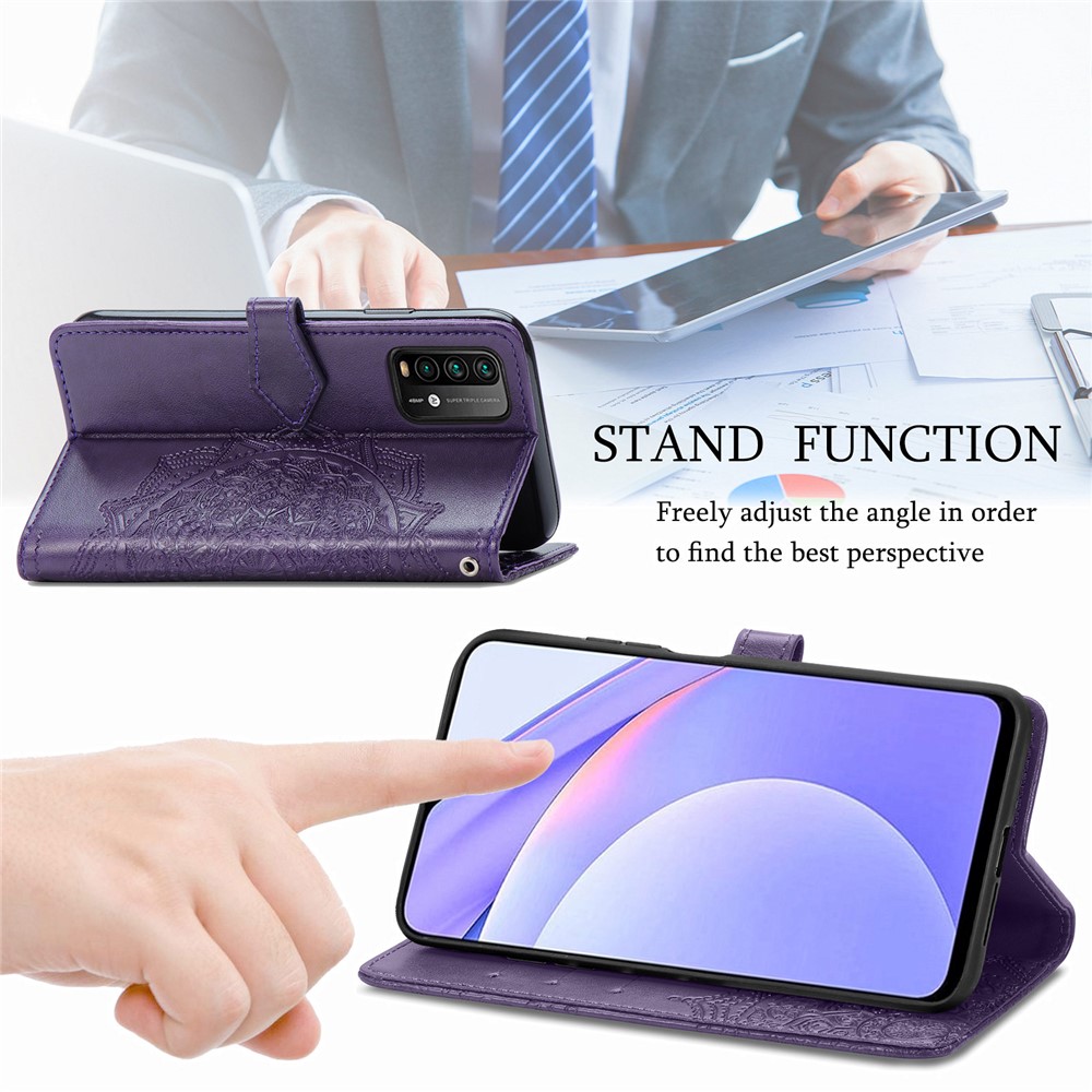 Mandala Flower Imprinting PU Leather Case with Wallet Stand Design for Xiaomi Redmi 9T/9 Power/Note 9 4G (Qualcomm Snapdragon 662) - Purple-5