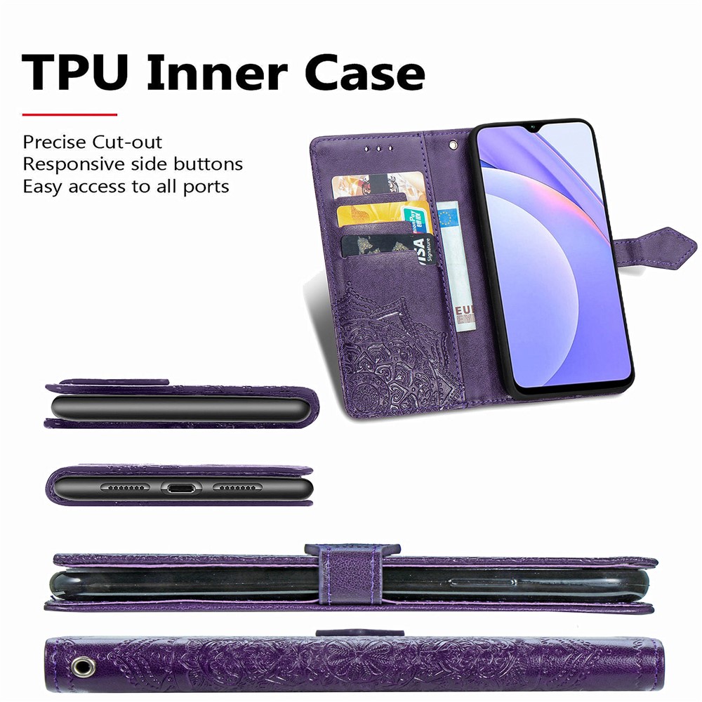Mandala Flower Imprinting PU Leather Case with Wallet Stand Design for Xiaomi Redmi 9T/9 Power/Note 9 4G (Qualcomm Snapdragon 662) - Purple-6