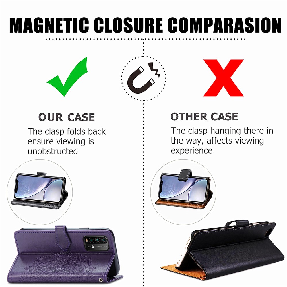 Mandala Flower Imprinting PU Leather Case with Wallet Stand Design for Xiaomi Redmi 9T/9 Power/Note 9 4G (Qualcomm Snapdragon 662) - Purple-8