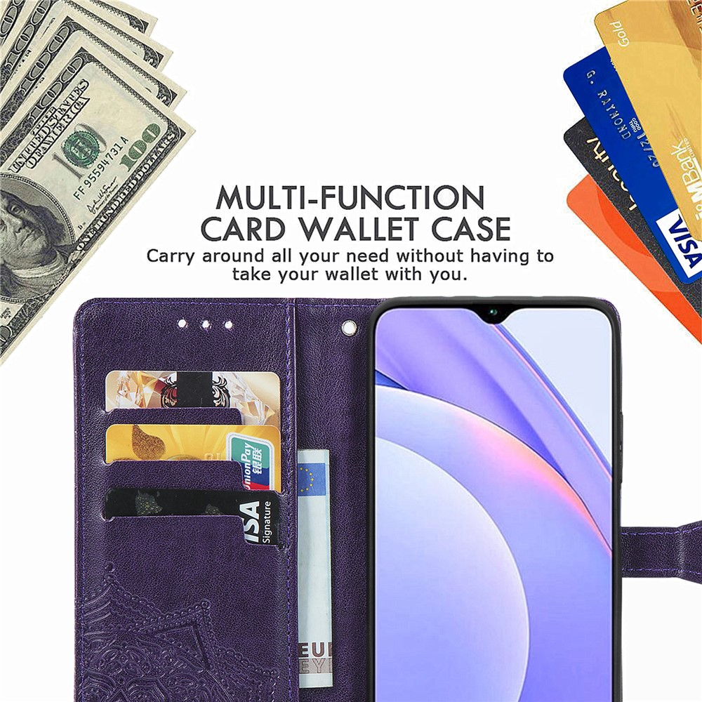 Mandala Flower Imprinting PU Leather Case with Wallet Stand Design for Xiaomi Redmi 9T/9 Power/Note 9 4G (Qualcomm Snapdragon 662) - Purple-9