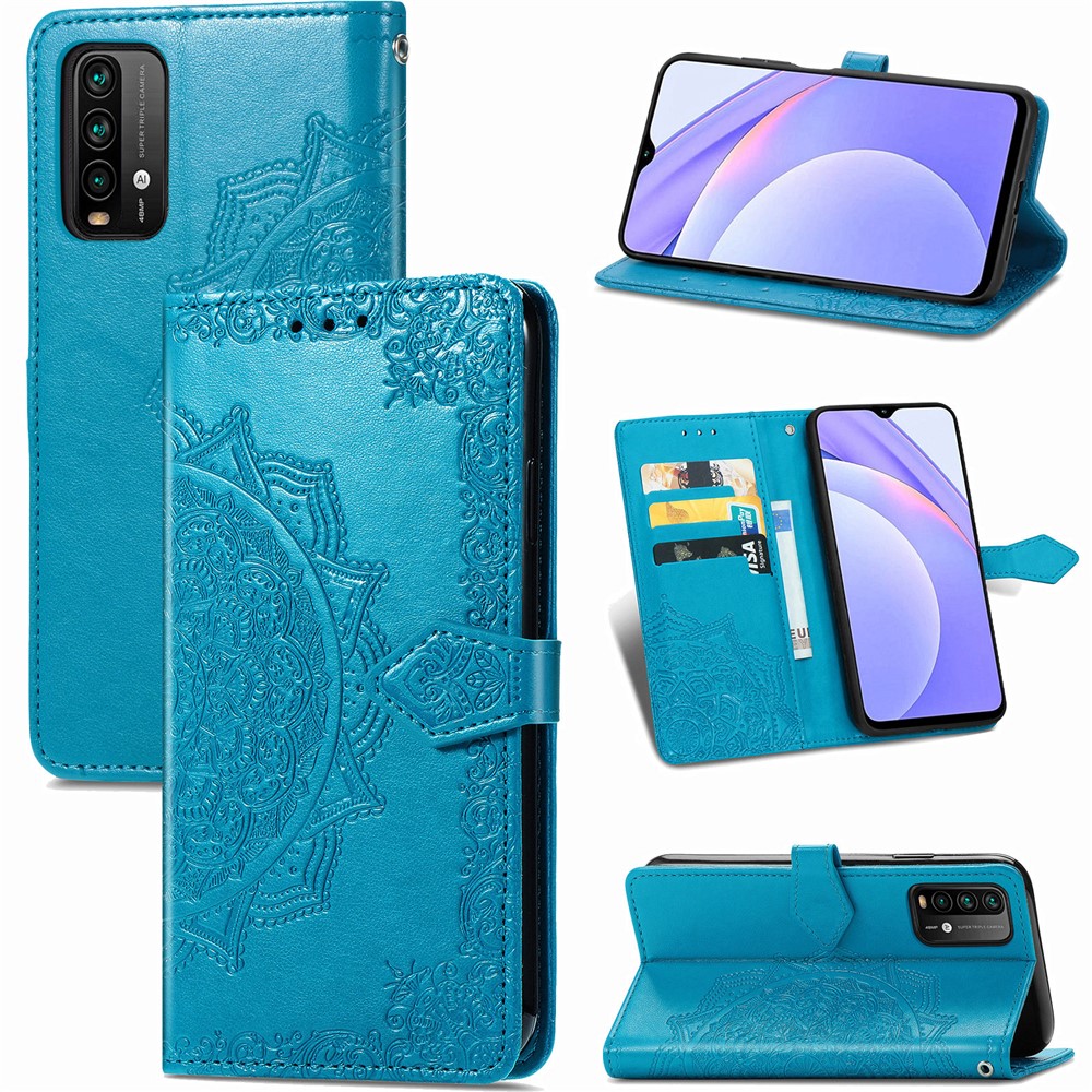Mandala Flower Imprinting PU Leather Case with Wallet Stand Design for Xiaomi Redmi 9T/9 Power/Note 9 4G (Qualcomm Snapdragon 662) - Blue-11