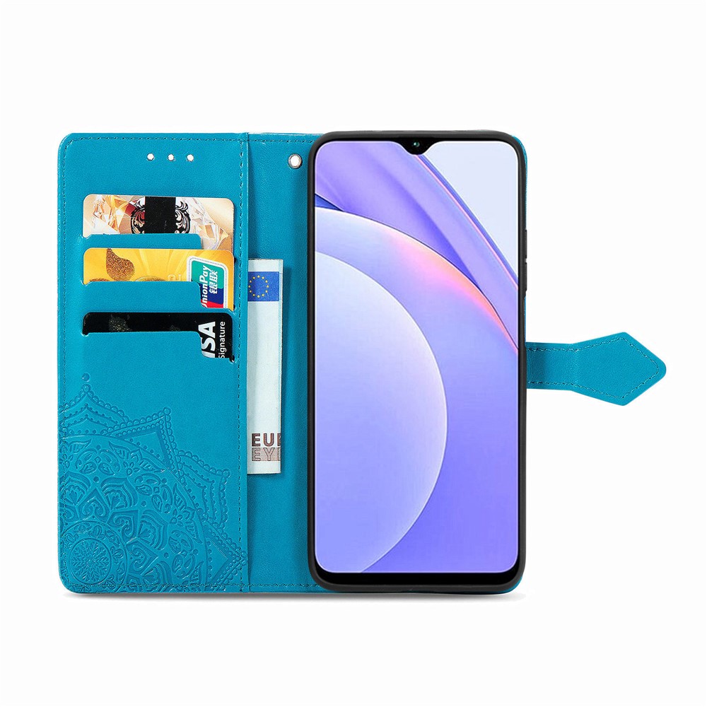 Mandala Flower Imprinting PU Leather Case with Wallet Stand Design for Xiaomi Redmi 9T/9 Power/Note 9 4G (Qualcomm Snapdragon 662) - Blue-3