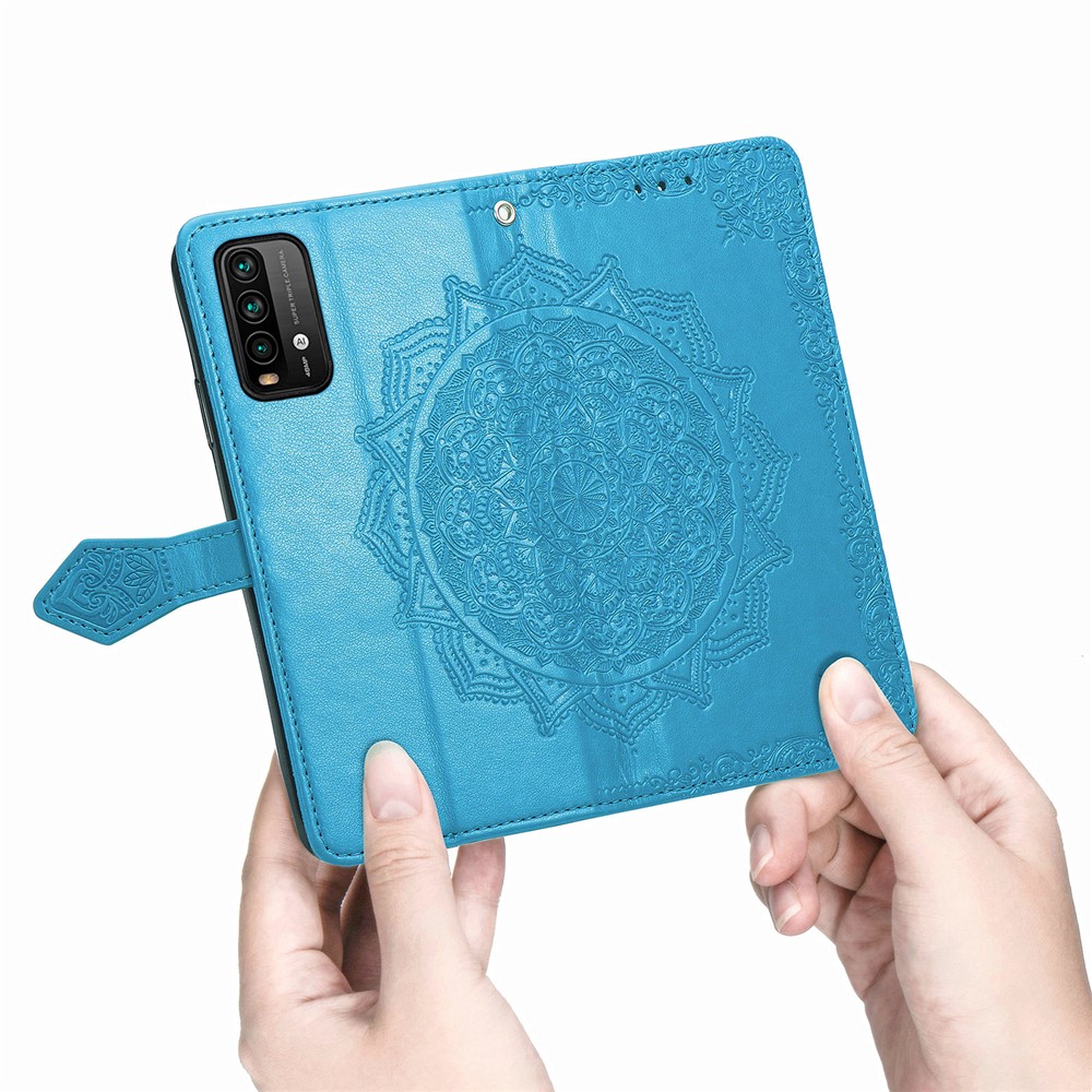 Mandala Flower Imprinting PU Leather Case with Wallet Stand Design for Xiaomi Redmi 9T/9 Power/Note 9 4G (Qualcomm Snapdragon 662) - Blue-4