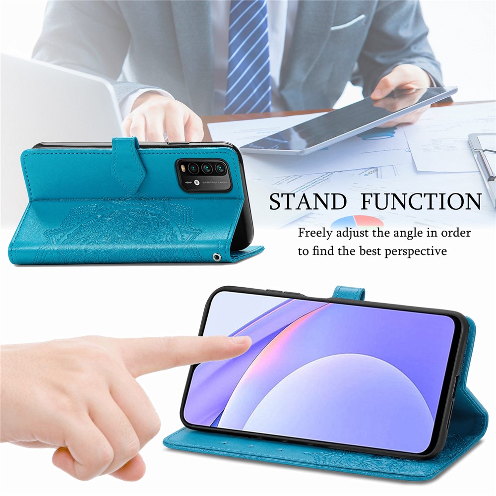 Mandala Flower Imprinting PU Leather Case with Wallet Stand Design for Xiaomi Redmi 9T/9 Power/Note 9 4G (Qualcomm Snapdragon 662) - Blue-5