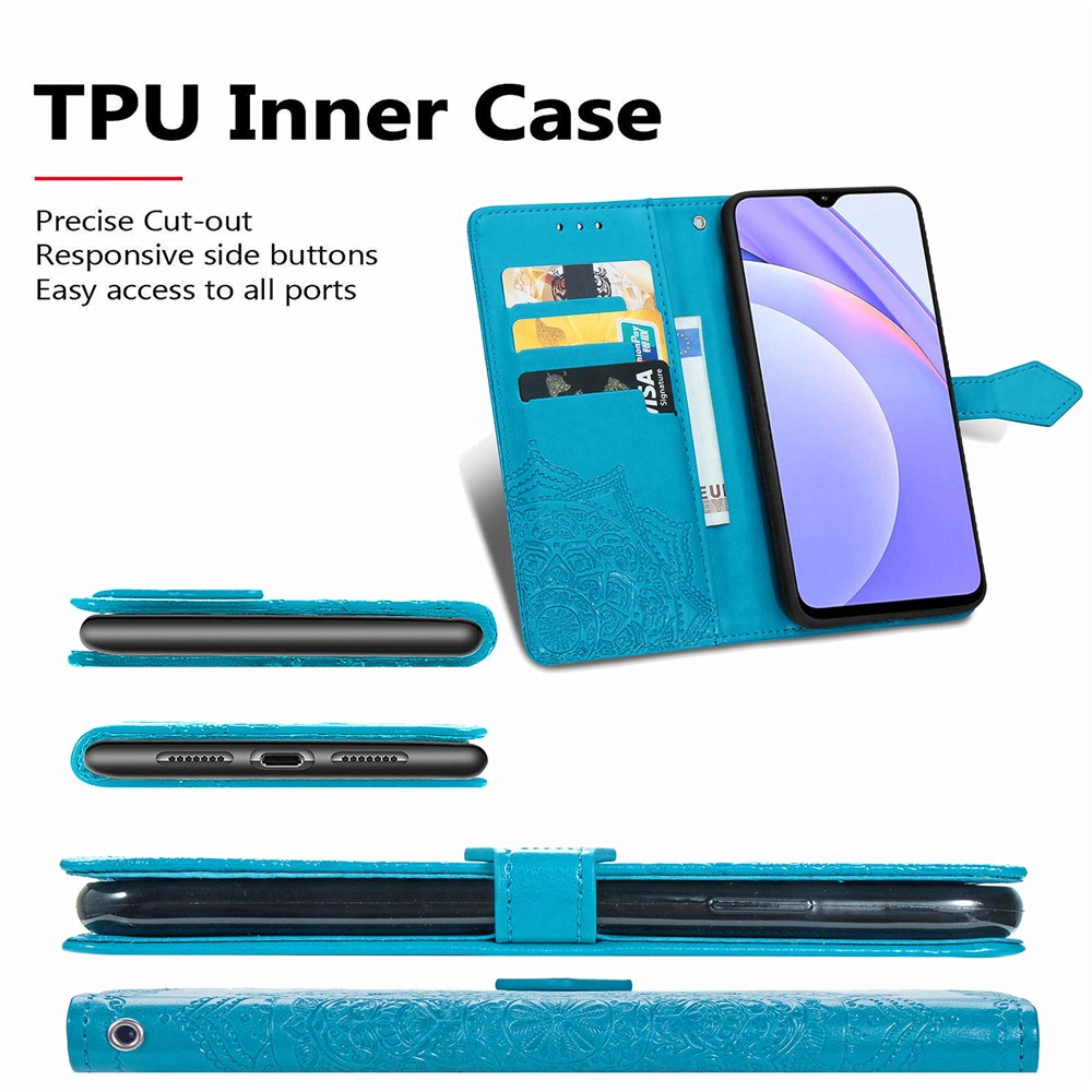 Mandala Flower Imprinting PU Leather Case with Wallet Stand Design for Xiaomi Redmi 9T/9 Power/Note 9 4G (Qualcomm Snapdragon 662) - Blue-6