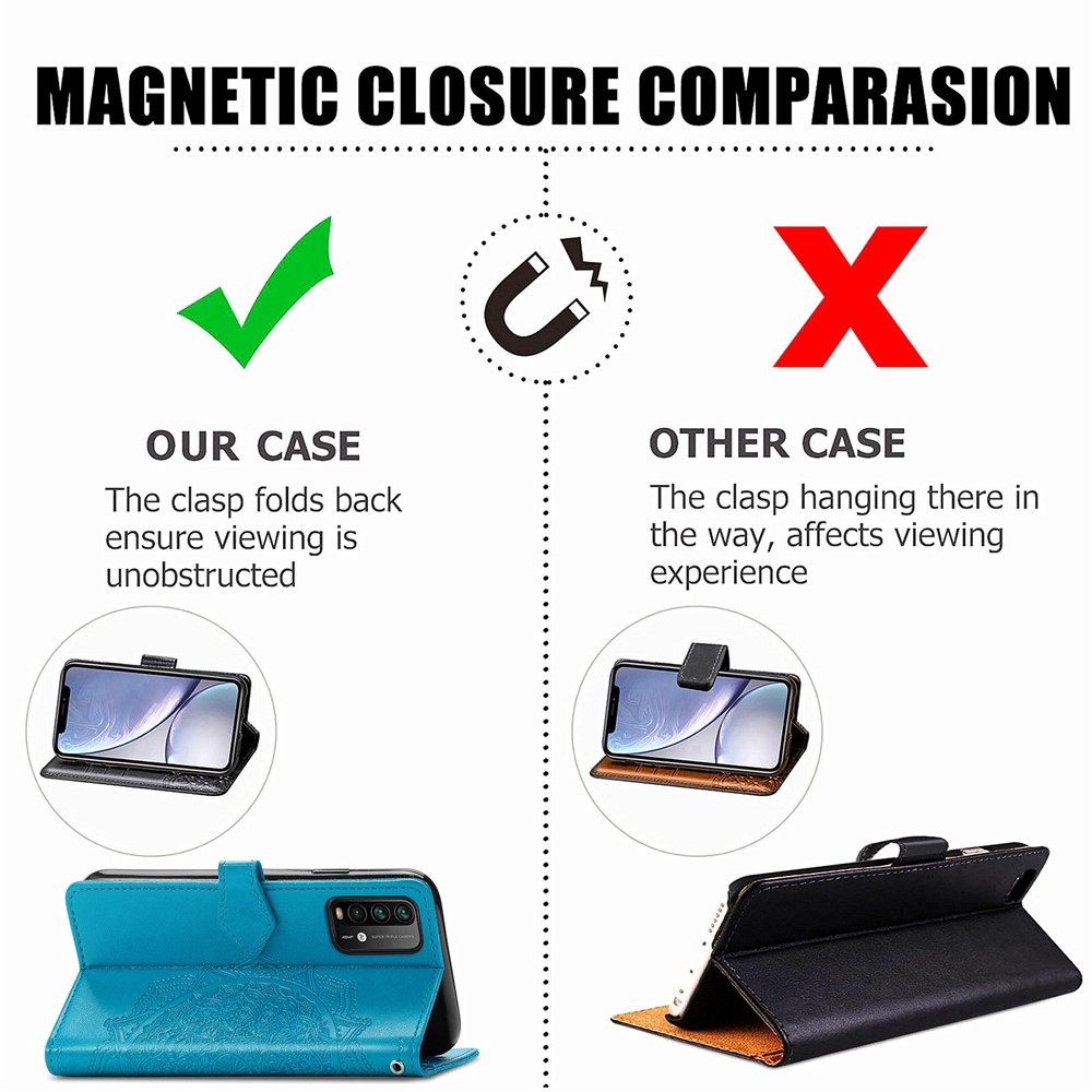 Mandala Flower Imprinting PU Leather Case with Wallet Stand Design for Xiaomi Redmi 9T/9 Power/Note 9 4G (Qualcomm Snapdragon 662) - Blue-8