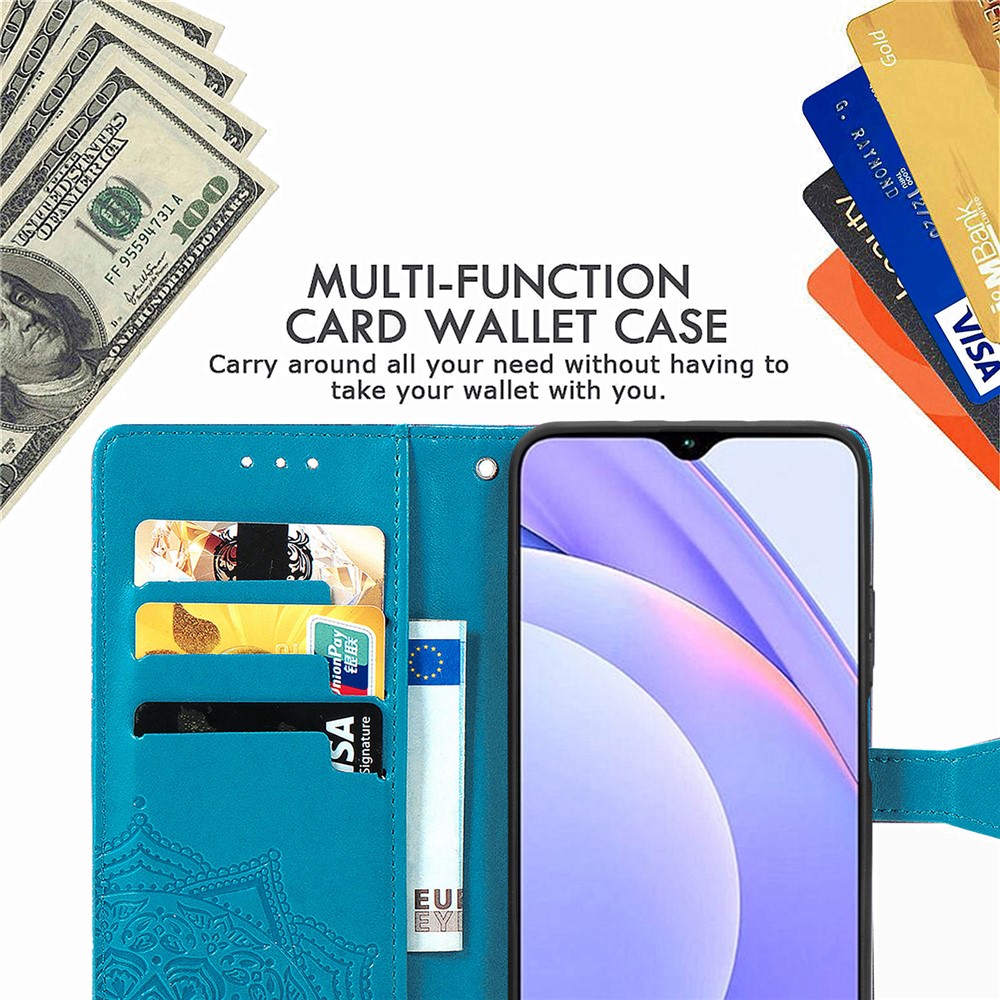 Mandala Flower Imprinting PU Leather Case with Wallet Stand Design for Xiaomi Redmi 9T/9 Power/Note 9 4G (Qualcomm Snapdragon 662) - Blue-9