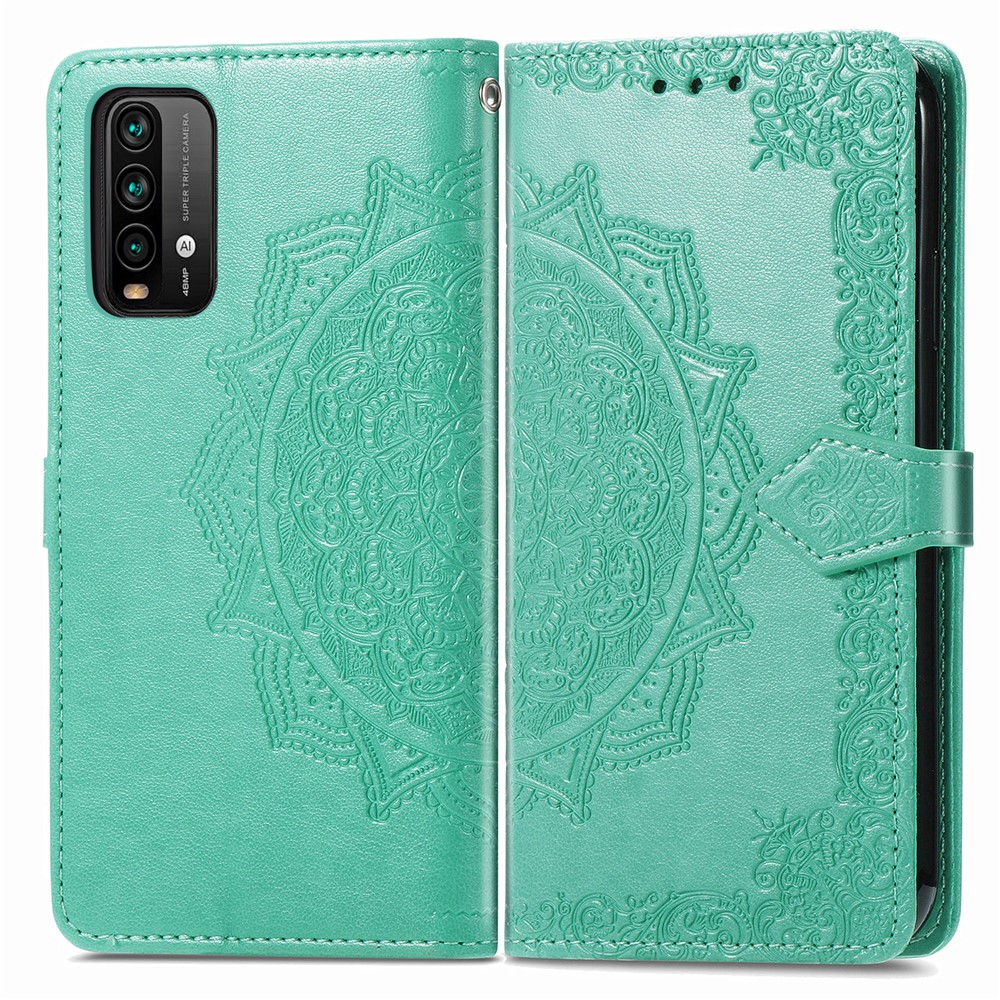 Mandala Flower Imprinting PU Leather Case with Wallet Stand Design for Xiaomi Redmi 9T/9 Power/Note 9 4G (Qualcomm Snapdragon 662) - Green-1