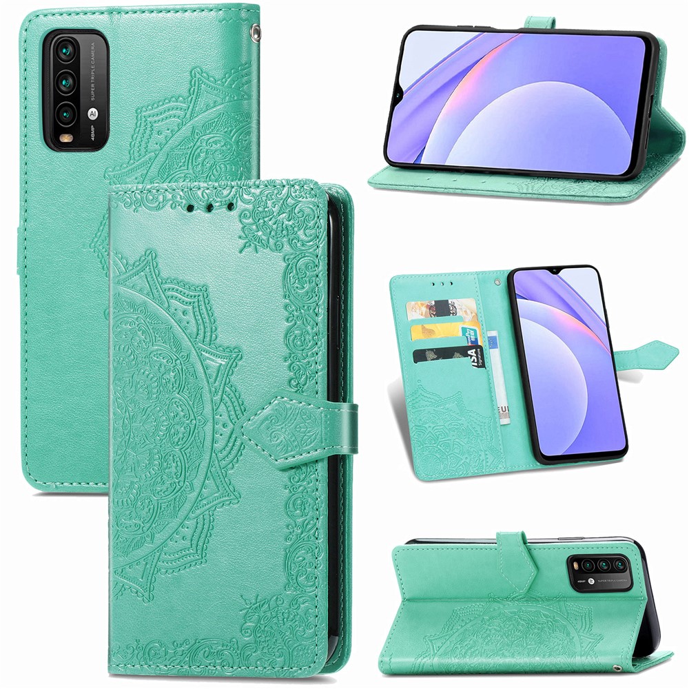 Mandala Flower Imprinting PU Leather Case with Wallet Stand Design for Xiaomi Redmi 9T/9 Power/Note 9 4G (Qualcomm Snapdragon 662) - Green-11