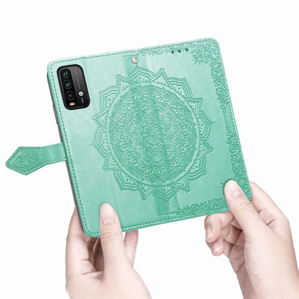 Mandala Flower Imprinting PU Leather Case with Wallet Stand Design for Xiaomi Redmi 9T/9 Power/Note 9 4G (Qualcomm Snapdragon 662) - Green-4