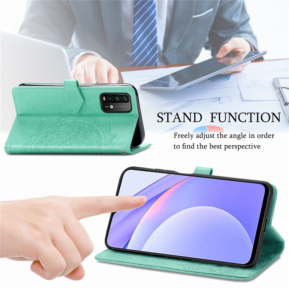 Mandala Flower Imprinting PU Leather Case with Wallet Stand Design for Xiaomi Redmi 9T/9 Power/Note 9 4G (Qualcomm Snapdragon 662) - Green-5