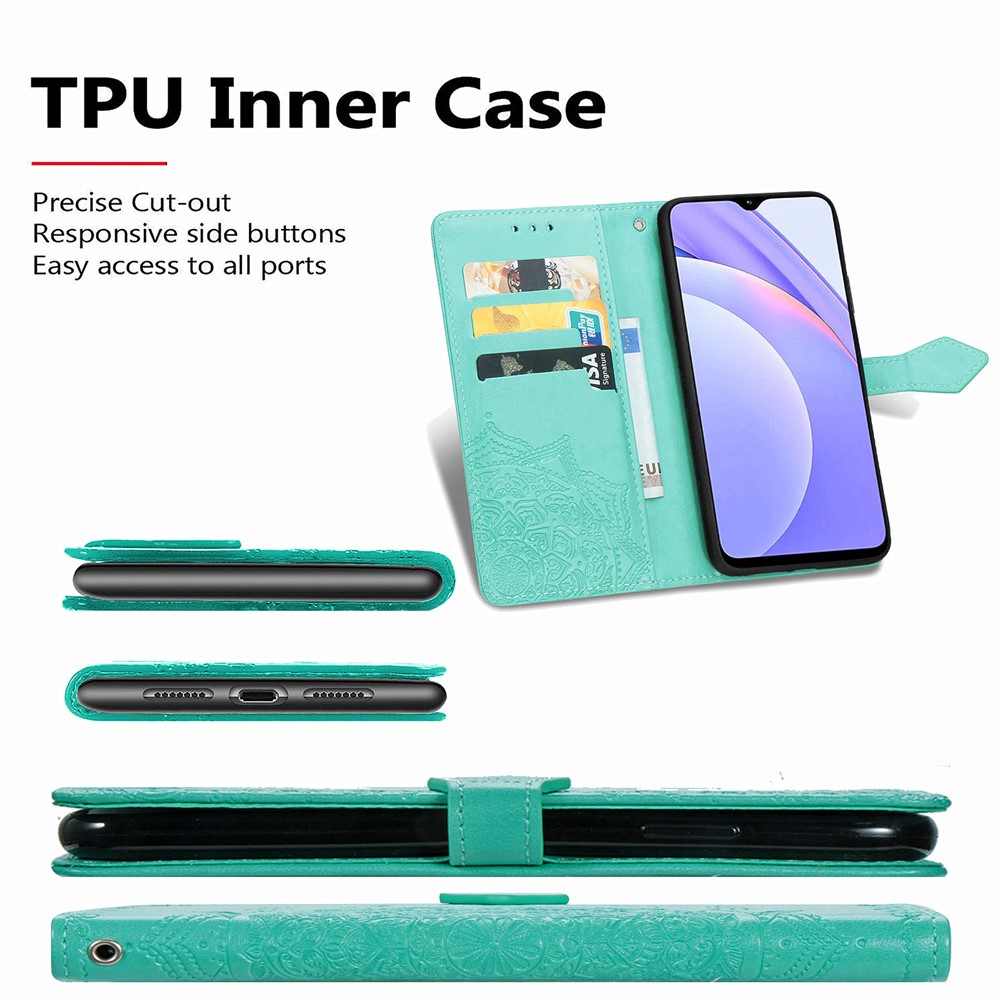 Mandala Flower Imprinting PU Leather Case with Wallet Stand Design for Xiaomi Redmi 9T/9 Power/Note 9 4G (Qualcomm Snapdragon 662) - Green-6