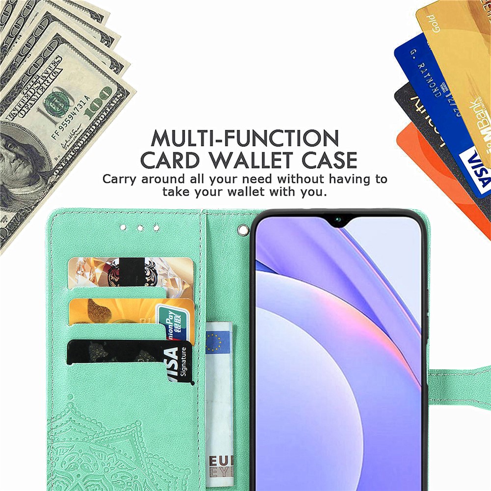 Mandala Flower Imprinting PU Leather Case with Wallet Stand Design for Xiaomi Redmi 9T/9 Power/Note 9 4G (Qualcomm Snapdragon 662) - Green-9