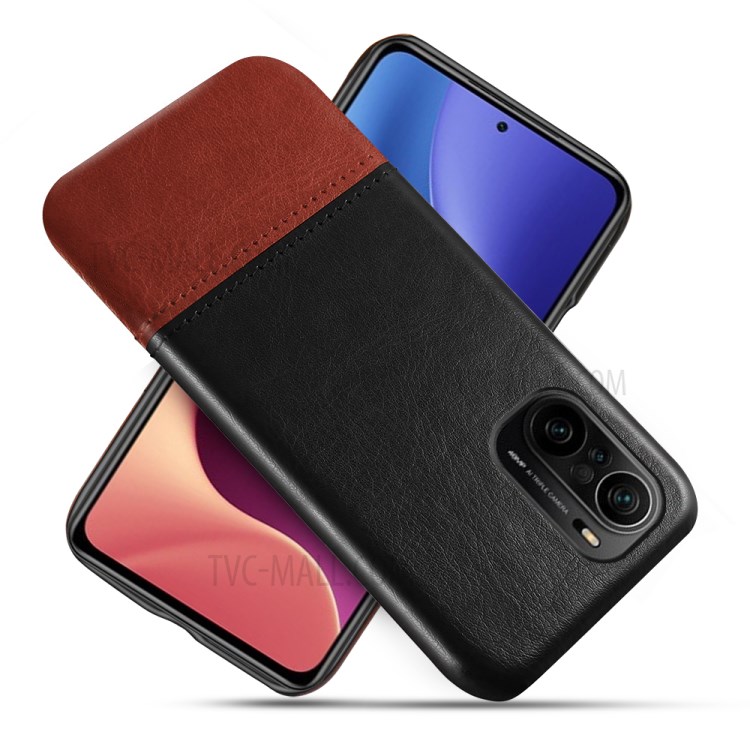 KSQ Dual-color PU Leather Splicing Coated PC Case for Xiaomi Redmi K40/K40 Pro/K40 Pro+/Mi 11i/Poco F3 - Black/Brown-1