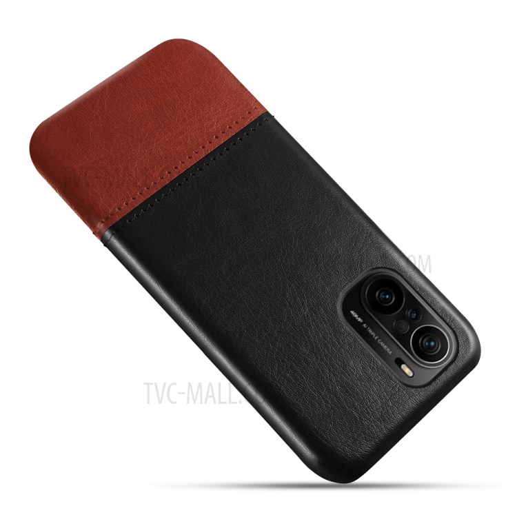 KSQ Dual-color PU Leather Splicing Coated PC Case for Xiaomi Redmi K40/K40 Pro/K40 Pro+/Mi 11i/Poco F3 - Black/Brown-2
