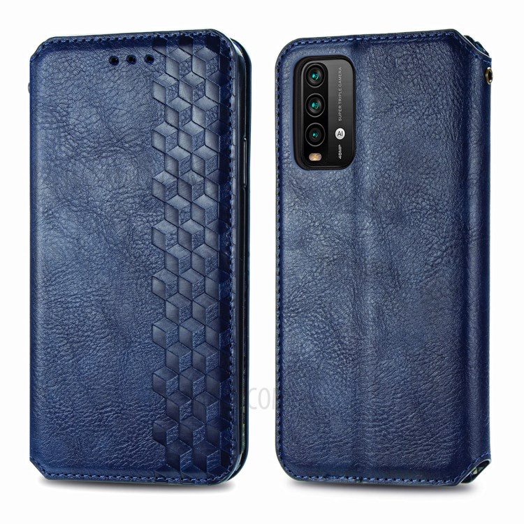 Rhombus Imprinting Wallet Design Auto-Absorbed PU Leather Case with Stand for Xiaomi Redmi Note 9 4G (Qualcomm Snapdragon 662)/9T/9 Power - Blue-1