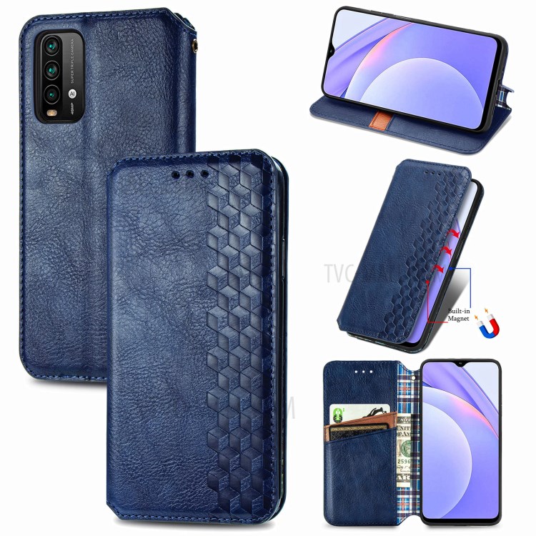 Rhombus Imprinting Wallet Design Auto-Absorbed PU Leather Case with Stand for Xiaomi Redmi Note 9 4G (Qualcomm Snapdragon 662)/9T/9 Power - Blue-14