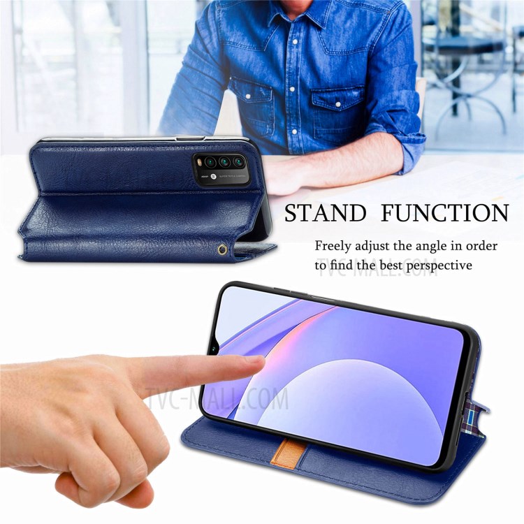 Rhombus Imprinting Wallet Design Auto-Absorbed PU Leather Case with Stand for Xiaomi Redmi Note 9 4G (Qualcomm Snapdragon 662)/9T/9 Power - Blue-4