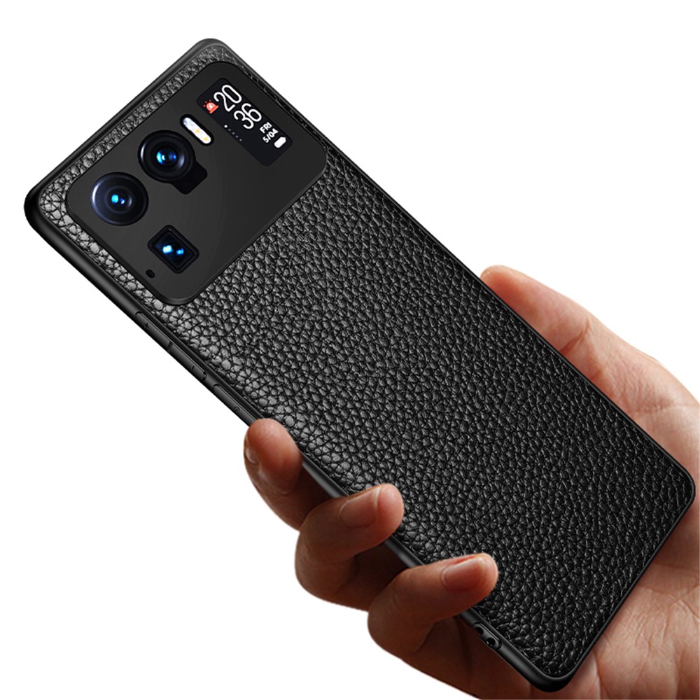 Well-Protected Litchi Texture Genuine Leather Coated TPU Protector Phone Cover for Xiaomi Mi 11 Ultra - Black-2