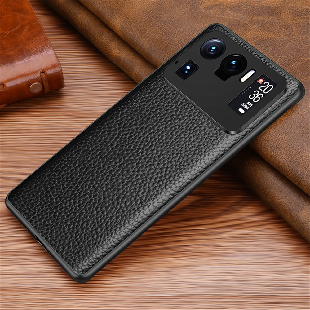 Well-Protected Litchi Texture Genuine Leather Coated TPU Protector Phone Cover for Xiaomi Mi 11 Ultra - Black-8