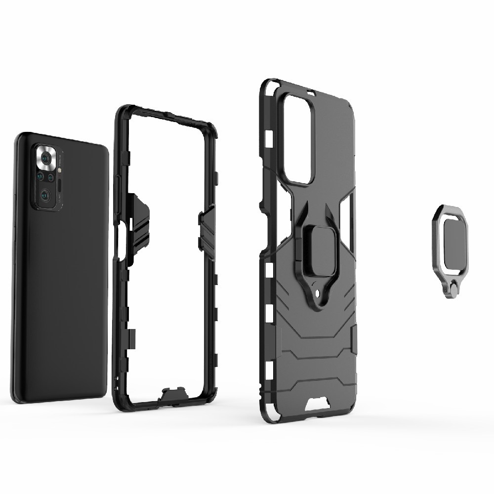 Guard Ring Holder Kickstand PC TPU Hybrid Phone Case Cover Shell for Xiaomi Redmi Note 10 Pro - Black-4