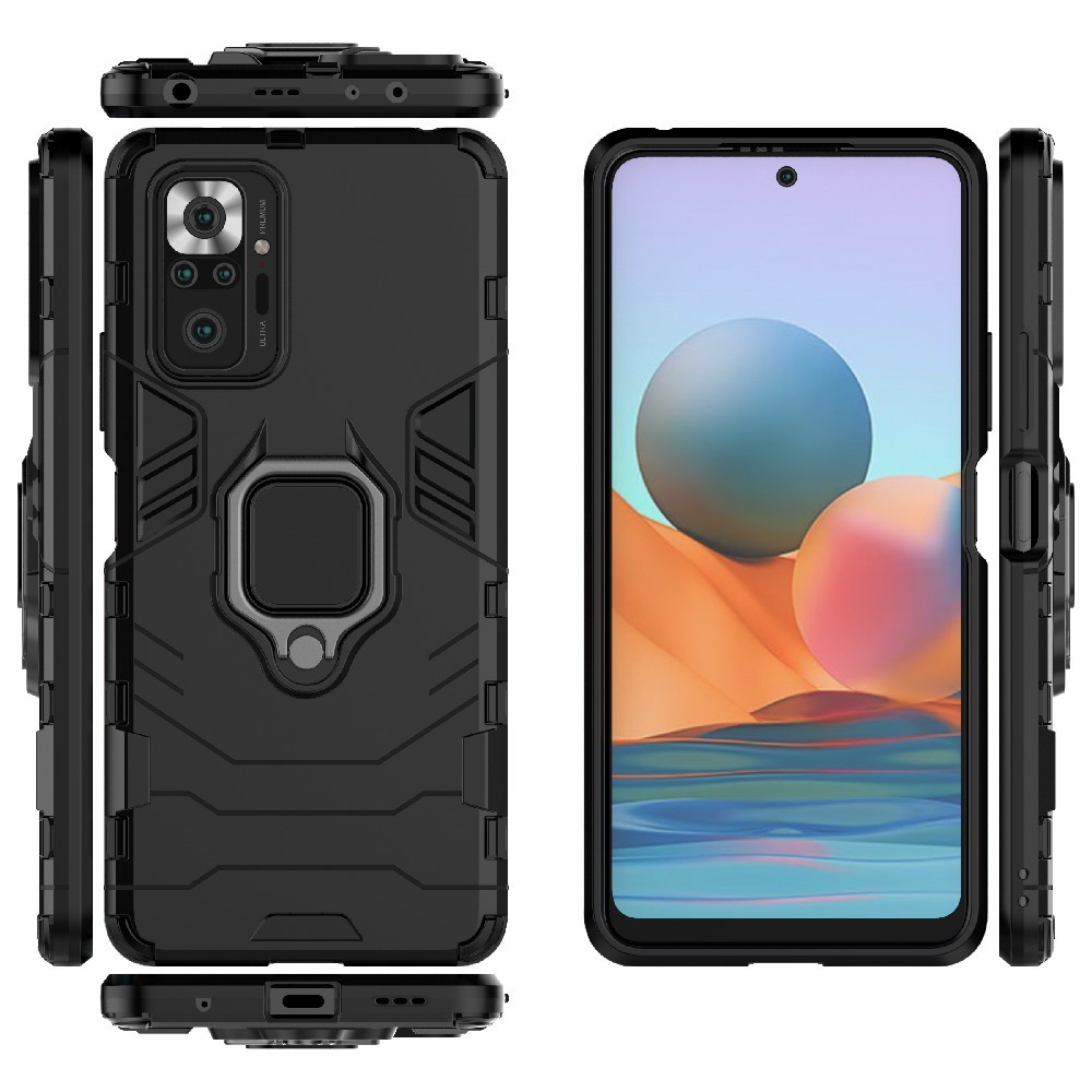 Guard Ring Holder Kickstand PC TPU Hybrid Phone Case Cover Shell for Xiaomi Redmi Note 10 Pro - Black-7