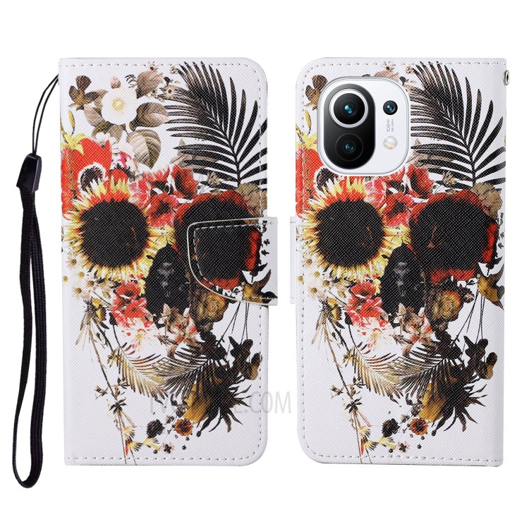Pattern Printing Cross Texture PU Leather Full Protection Phone Cover Case with Stand for Xiaomi Mi 11 - Skull-1