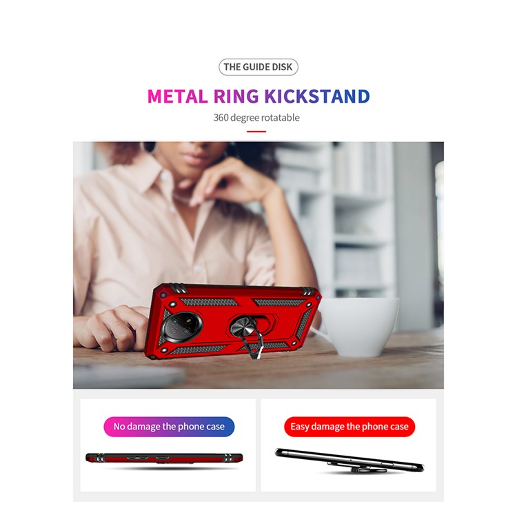 Caso de Telefone PC + TPU Híbrido Conche de Anel Anti-queda do Dedo Kickstand Para Xiaomi Redmi Nota 9 5G / Redmi Nota 9t 5g - Vermelho-3
