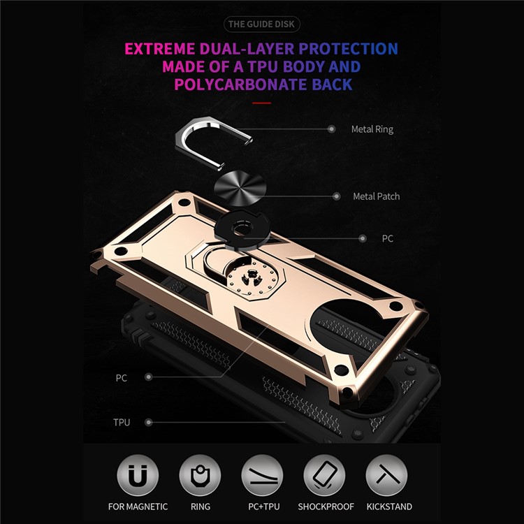 Caso de Telefone PC + TPU Híbrido Conche de Anel Anti-queda do Dedo Kickstand Para Xiaomi Redmi Nota 9 5G / Redmi Nota 9t 5g - Ouro-4