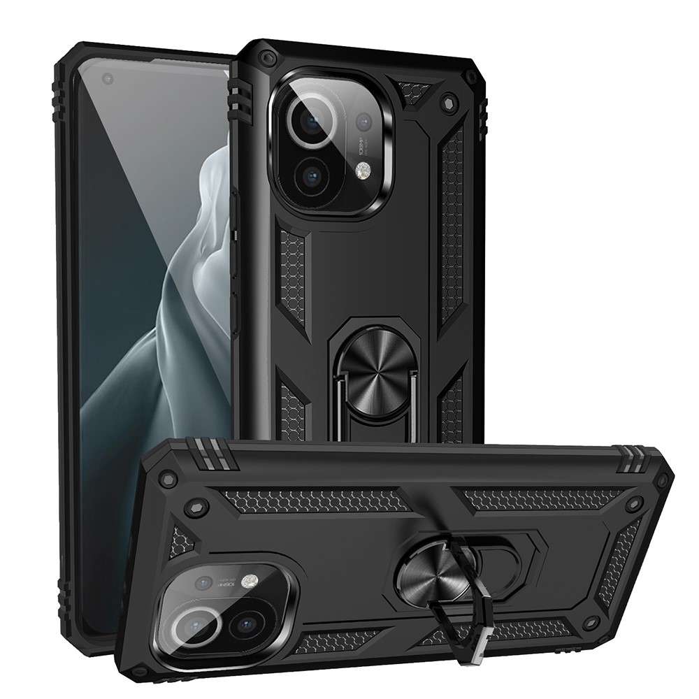 Hybrid PC + TPU Phone Case Shell Anti-Fall Finger Ring Kickstand for Xiaomi Mi 11 - Black-1