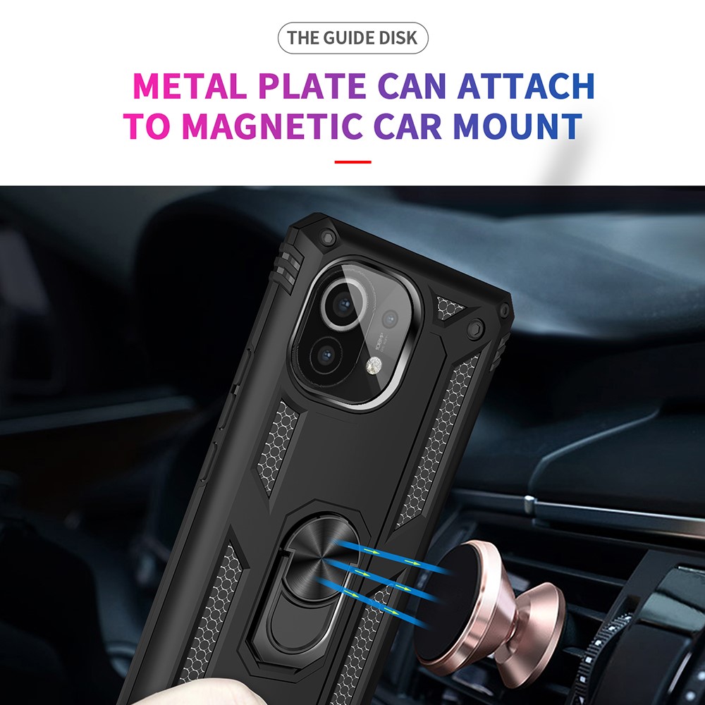Hybrid PC + TPU Phone Case Shell Anti-Fall Finger Ring Kickstand for Xiaomi Mi 11 - Black-3