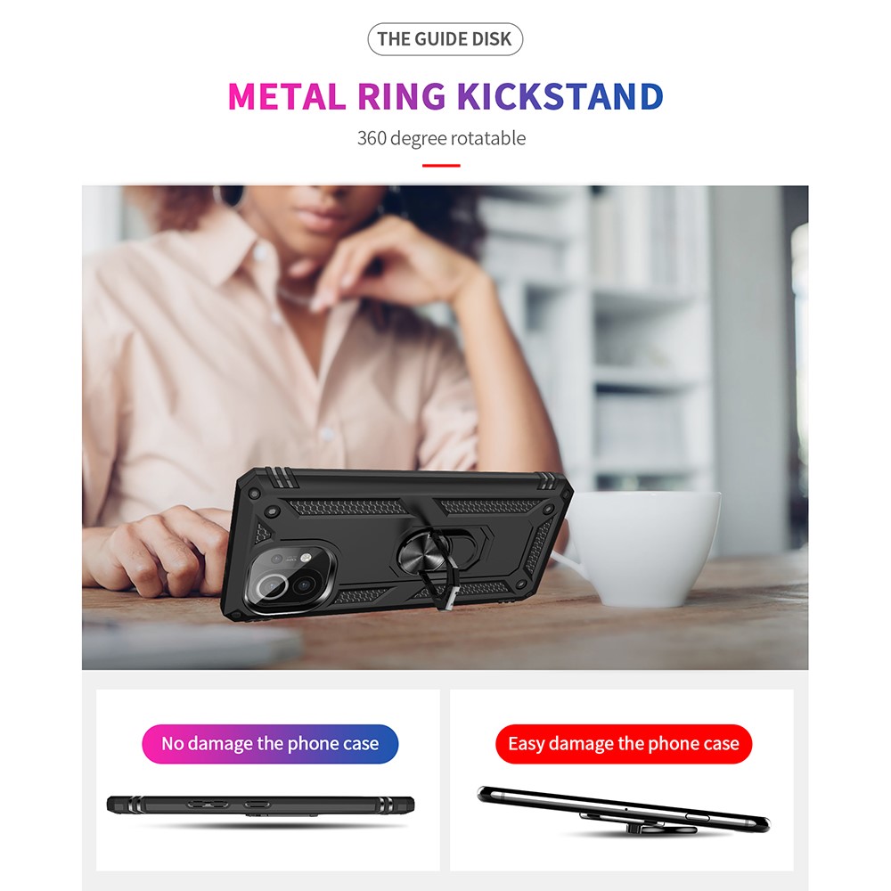 Hybrid PC + TPU Phone Case Shell Anti-Fall Finger Ring Kickstand for Xiaomi Mi 11 - Black-6