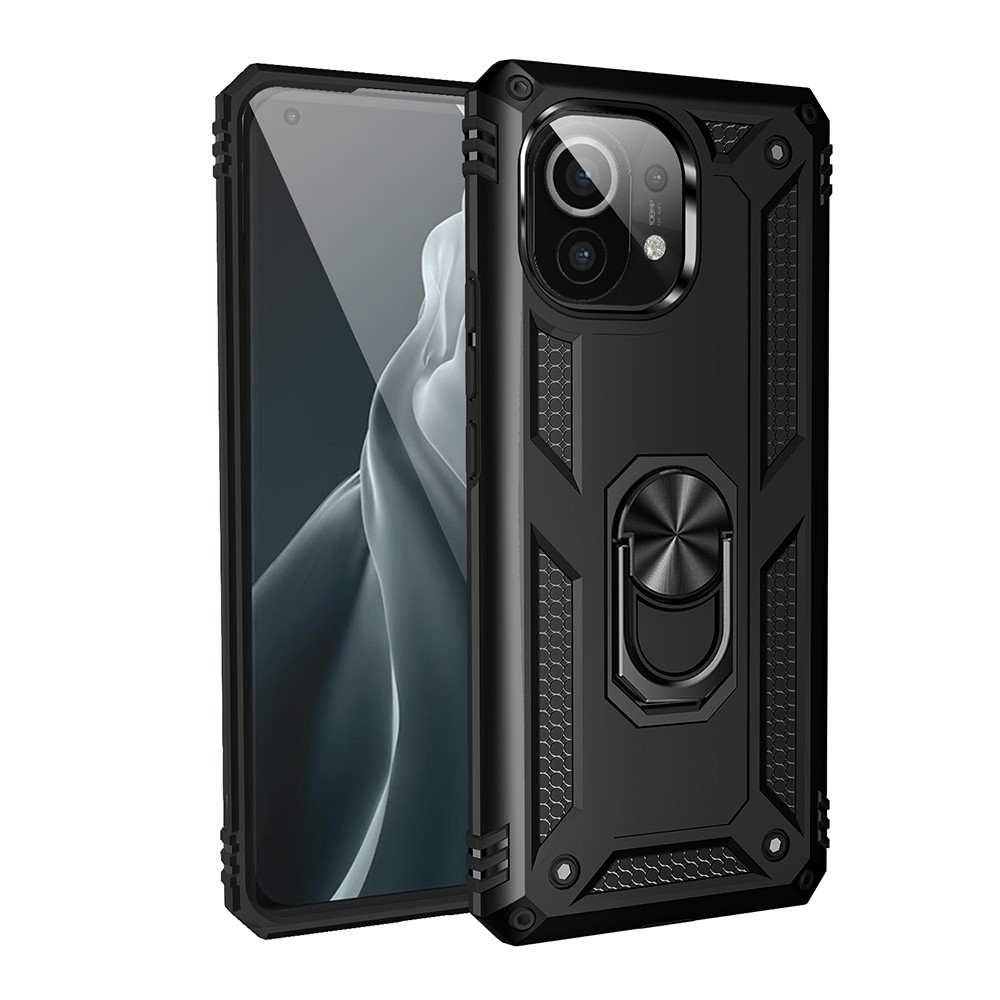 Hybrid PC + TPU Phone Case Shell Anti-Fall Finger Ring Kickstand for Xiaomi Mi 11 - Black-7