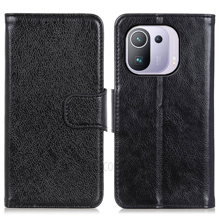 Full Protection Nappa Texture Split Leather Stand Phone Cover Shell for Xiaomi Mi 11 Pro - Black-1