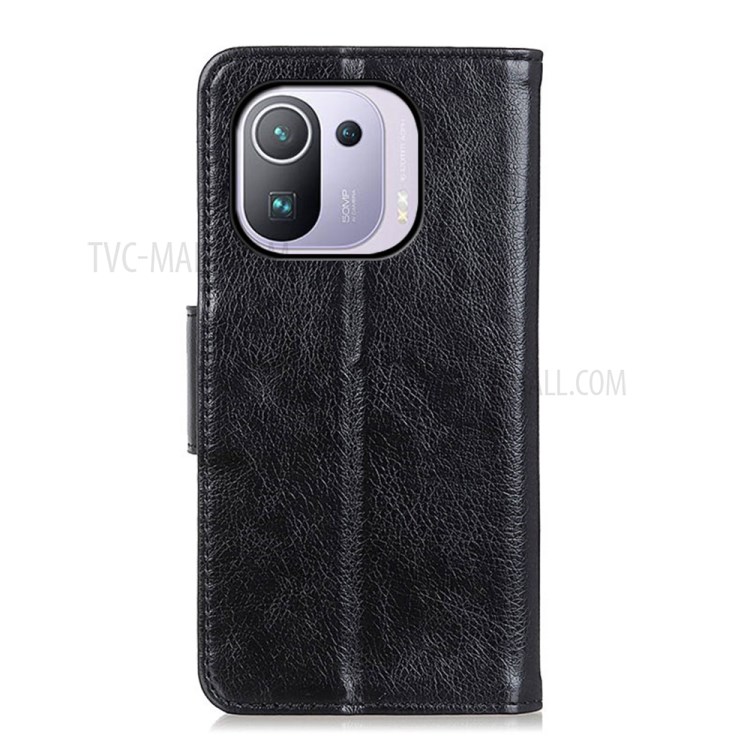 Full Protection Nappa Texture Split Leather Stand Phone Cover Shell for Xiaomi Mi 11 Pro - Black-11