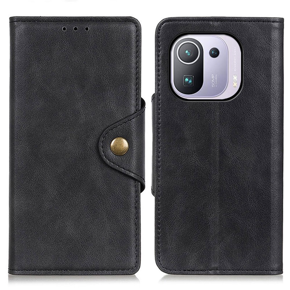Brass Buckle PU Leather Case Cover with Wallet Stand for Xiaomi Mi 11 Pro - Black-1