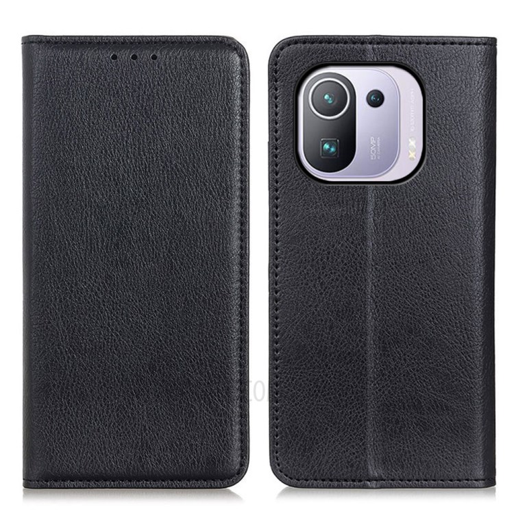 Auto-absorbed Litchi Texture Split Leather Wallet Case Supporting Stand Cover for Xiaomi Mi 11 Pro - Black-1