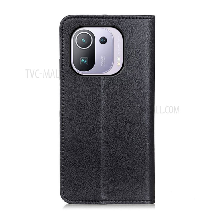 Auto-absorbed Litchi Texture Split Leather Wallet Case Supporting Stand Cover for Xiaomi Mi 11 Pro - Black-6