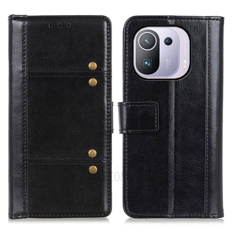 Rivet Decor Crazy Horse Texture Leather Stand Wallet Case for Xiaomi Mi 11 Pro - Black-1