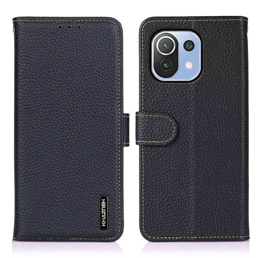 KHAZNEH for Xiaomi Mi 11 Lite 4G/5G Wallet Design Litchi Texture Top Layer Genuine Leather Shell Cell Phone Stand Case - Black-1