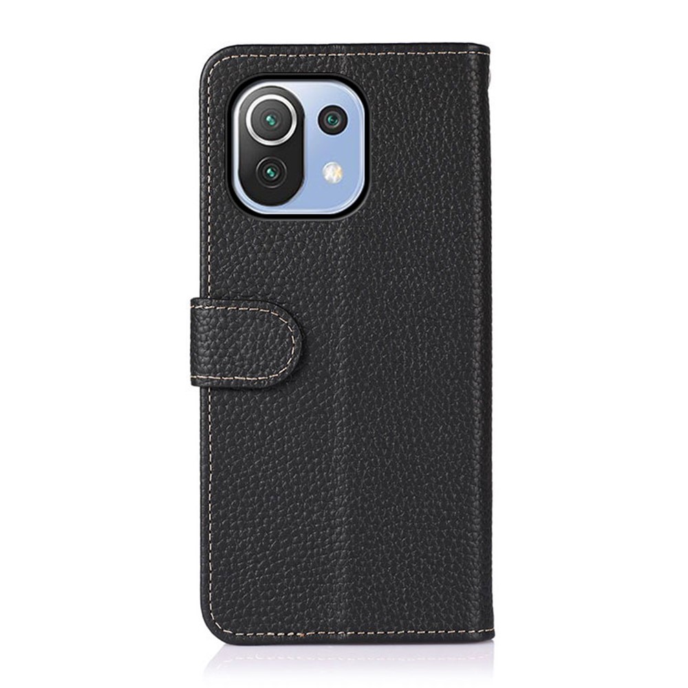 KHAZNEH for Xiaomi Mi 11 Lite 4G/5G Wallet Design Litchi Texture Top Layer Genuine Leather Shell Cell Phone Stand Case - Black-6
