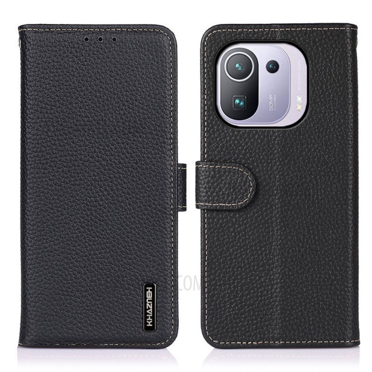 KHAZNEH Litchi Texture Top Layer Genuine Leather Phone Wallet Stand Case for Xiaomi Mi 11 Pro - Black-1