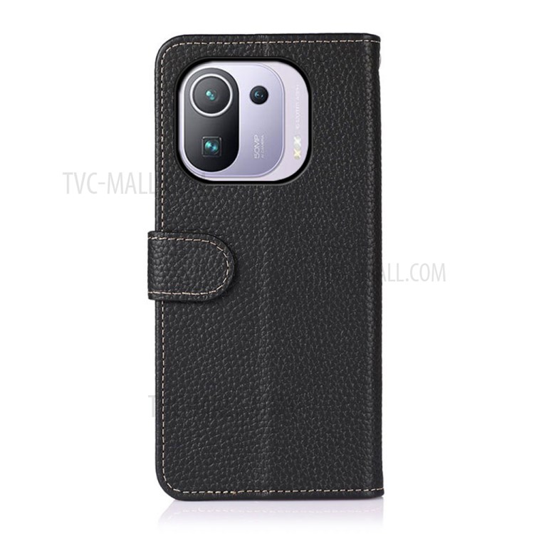 KHAZNEH Litchi Texture Top Layer Genuine Leather Phone Wallet Stand Case for Xiaomi Mi 11 Pro - Black-6