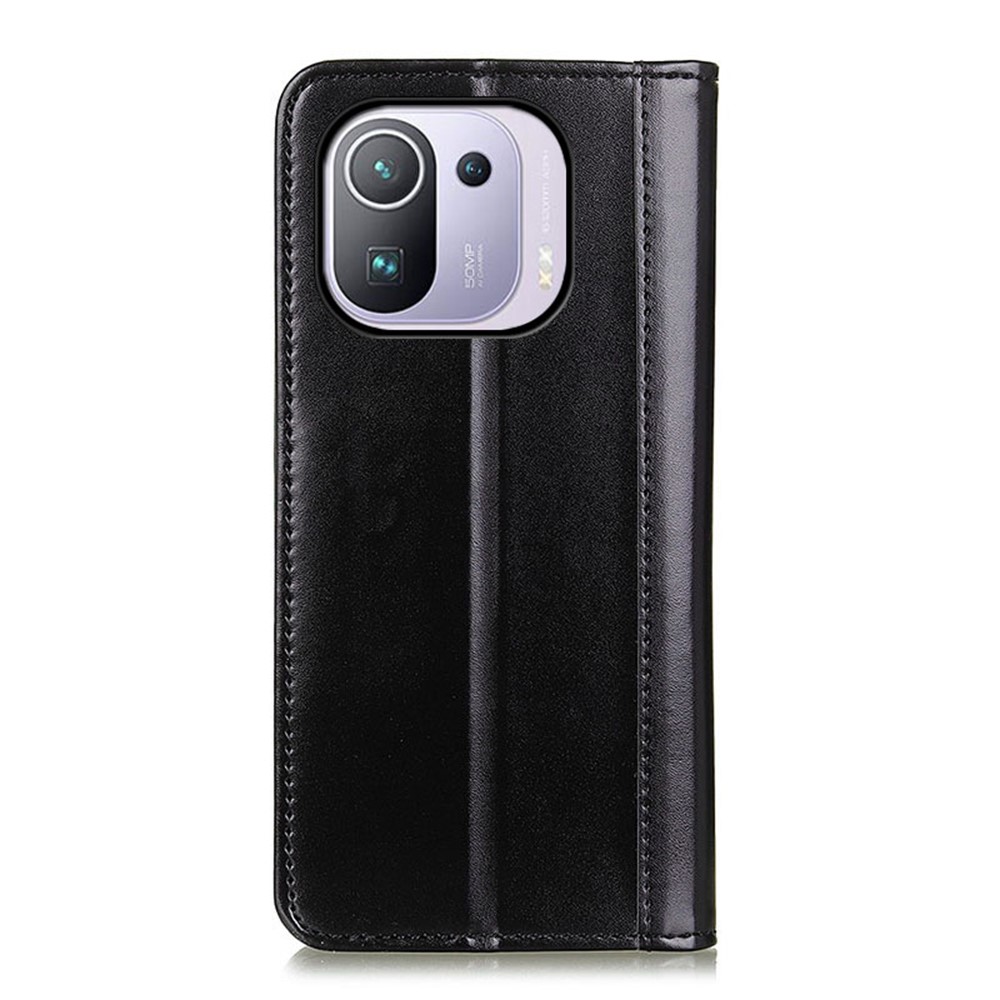 Gleaming Surface Split Leather Magnetic Wallet Stand Protective Phone Case for Xiaomi Mi 11 Pro - Black-7