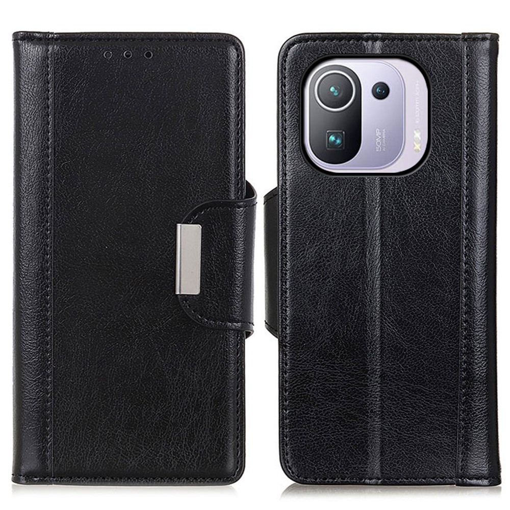 Glossy PU Leather Wallet Case Standing Cover for Xiaomi Mi 11 Pro - Black-1